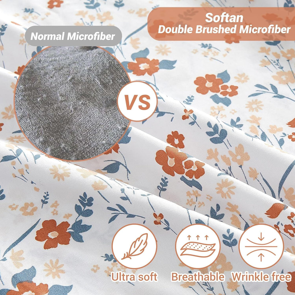 Floral Queen Sheet Set Orange Flower Printed Bed Sheets - 4 Piece Soft Microfiber Patterned Fitted Sheets with 15"