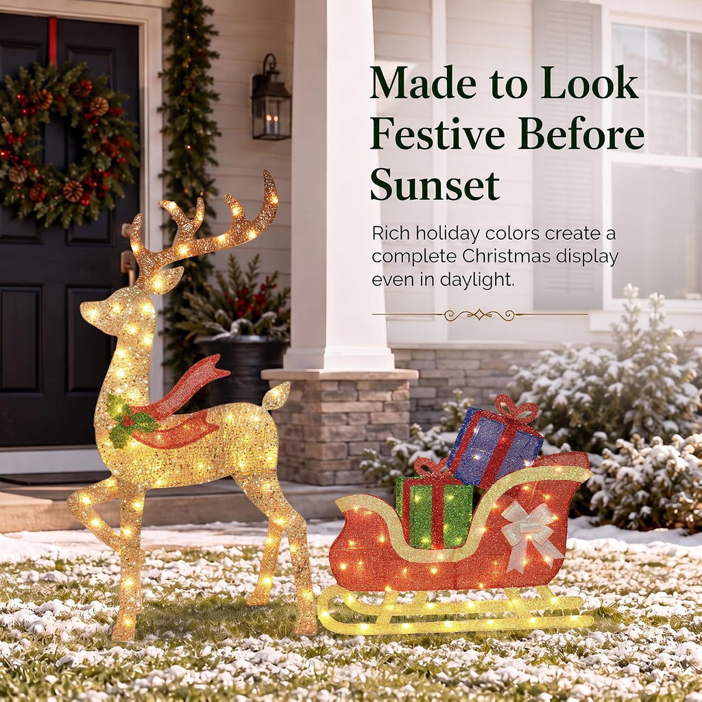 43 ‌"‌ 2.5D Lighted Christmas Reindeer with Sleigh Outdoor Decorations, Deer Pulling Gift Sled with 100 Warm White