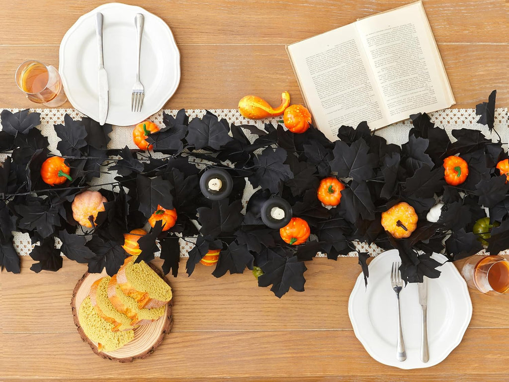 FT Black Garland Halloween Artificial Black Maple Leaf Garlands Fall Leaves Vines for Autumn Thankgiving - Set of 2