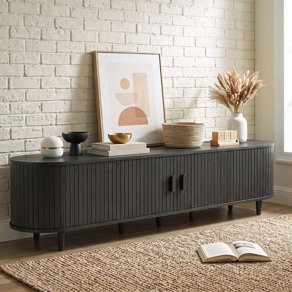 90" TV Stand with Sliding Doors, Mid Century Modern Entertainment Center, TV Console with Fluted Door Cabinets and