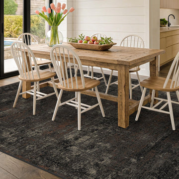 Black Washable Dining Room Area Rug, Dark Volcano Charcoal Abstract Textured Rugs, Non-Slip Low Pile Stain