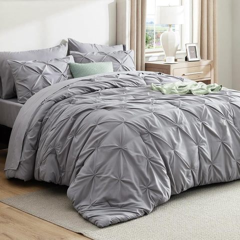 King Comforter Set - Bedding Sets King 7 Pieces, Pintuck Bed in a Bag Grey Bed Set with Comforter, Sheets