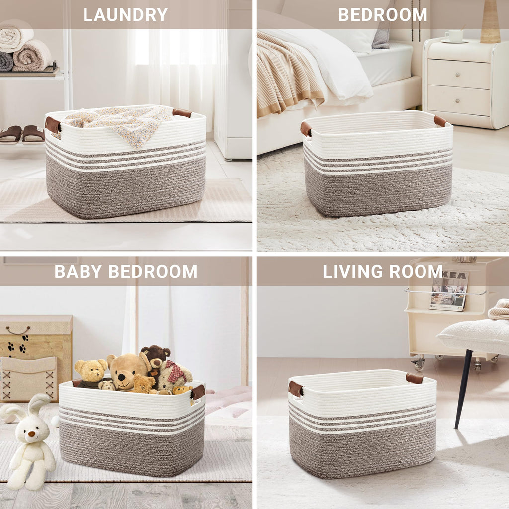 72L Woven Laundry Basket Hamper with Leather Handles,Dark Brown