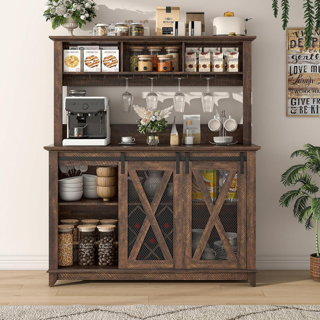 47"Wide 56"H Farmhouse Coffee Bar Cabinet with Power Outlet and LED Light,Wine Bar Cabinet w/3 Storage Hutch,Kitchen