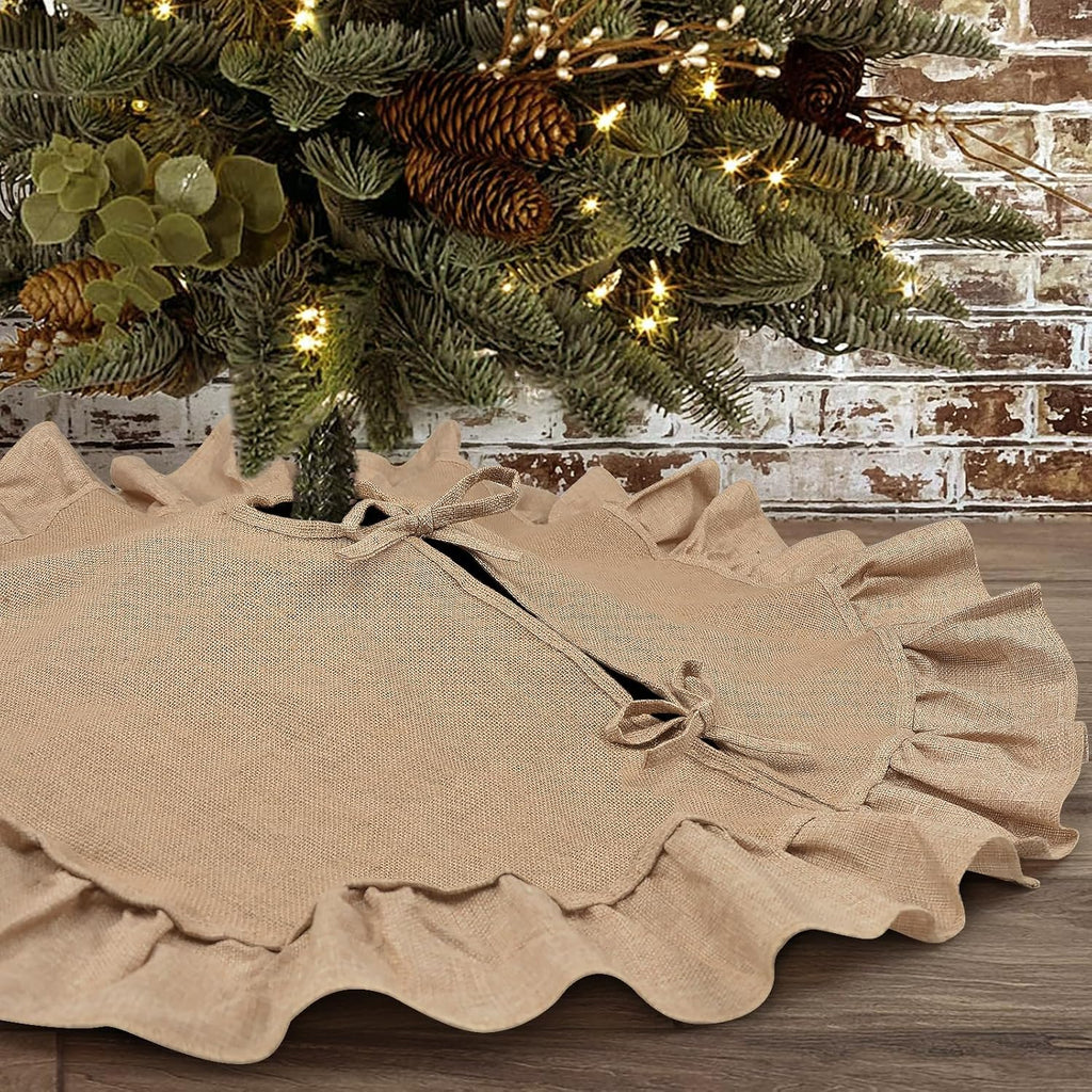 36 Inch Burlap Christmas Tree Skirt, with Ruffle Border and Bow Ties