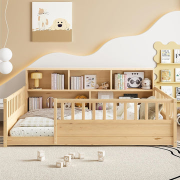 Montessori Floor Bed with Bookcase, Floor Bed with High Fence and Storage Shelves, Easy Assemble
