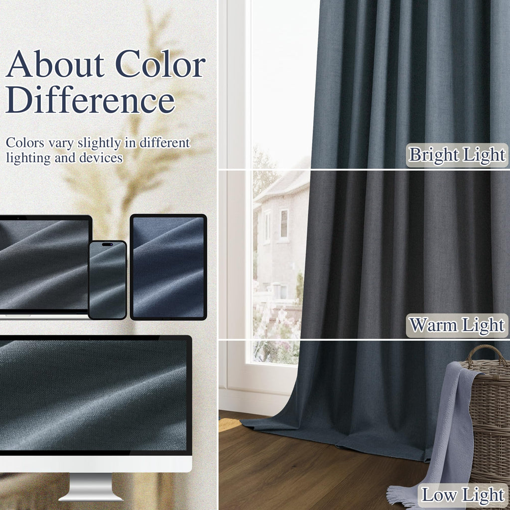 100% Blackout Linen Curtains 84 Inch Long 2 Panels Vintage Blue