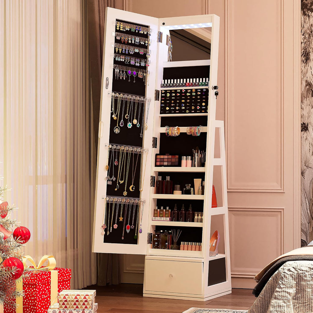 360° Swivel Jewelry Armoire With Drawer, Full Length Mirror, White