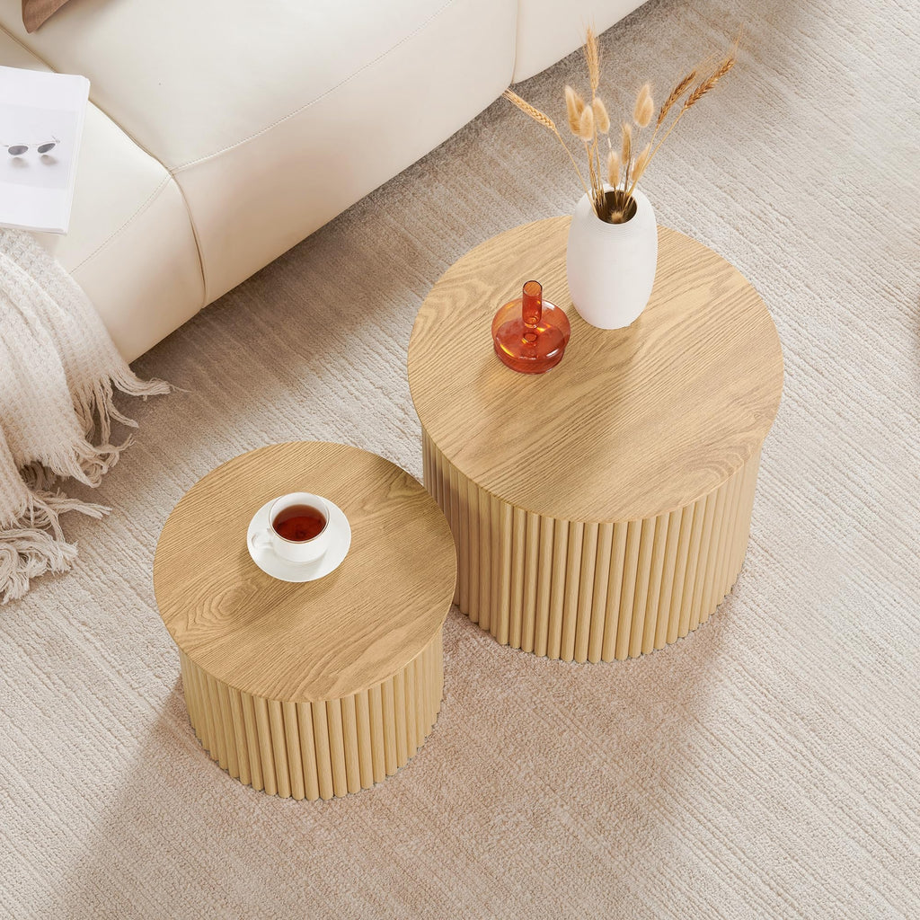Round Nesting Coffee Table Set of 2, Small Fluted Coffee Table Circle Side Table, Boho Modern Wood Nesting Tables