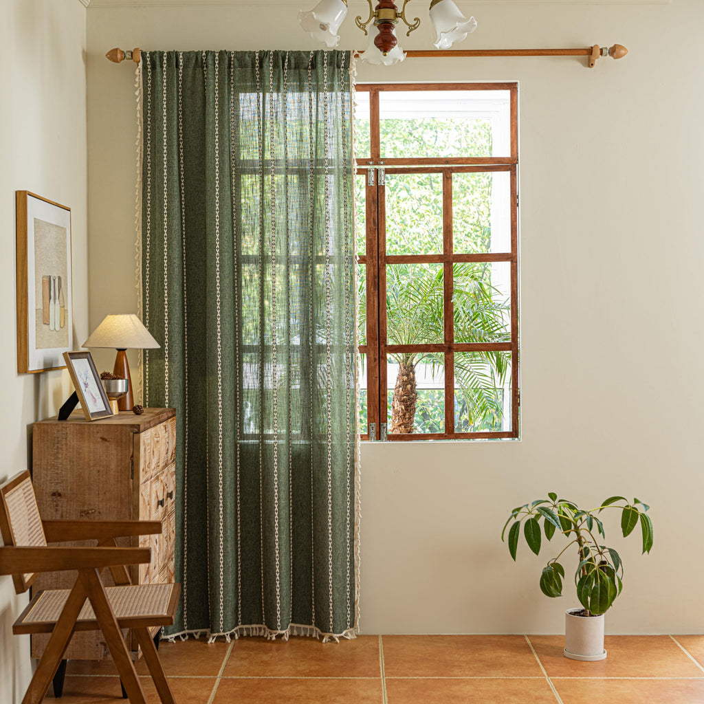 Boho Kitchen Curtains with Beige Tassels, Semi Blackout Linen French Country Shabby Chic Window Treatment Bohemian