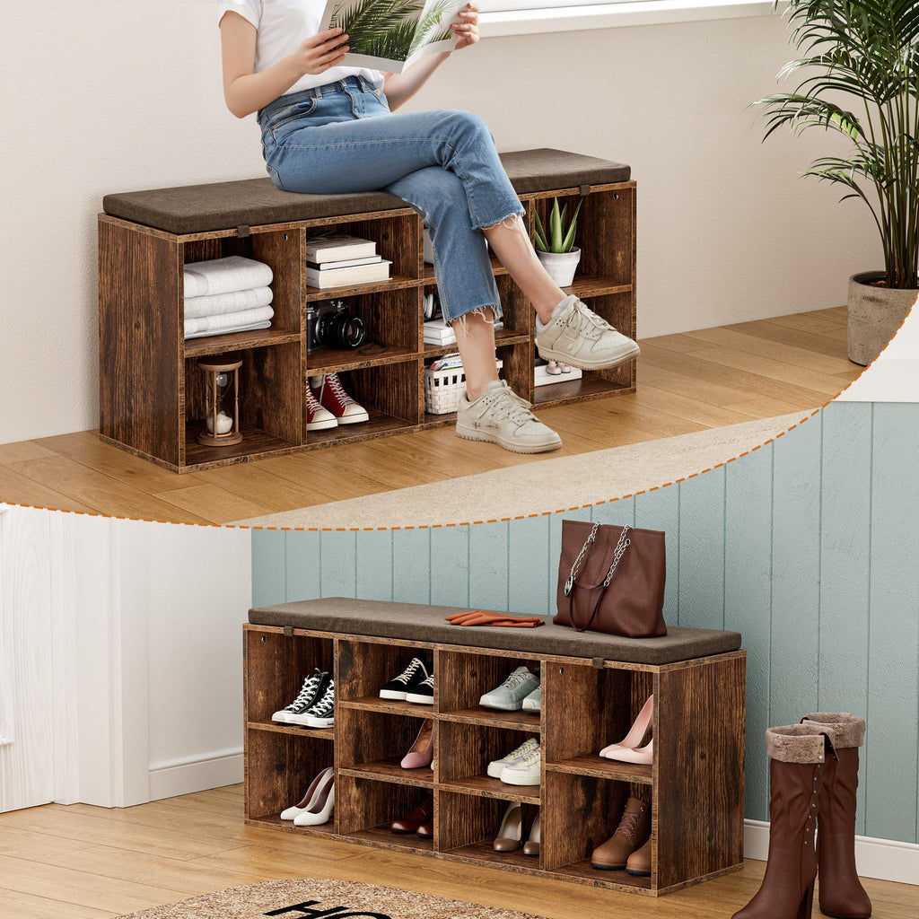 Shoe Storage Bench with Cushion, 41'' Long Entryway Bench with 10 Compartments Shoe Rack, Multifunctional Cubby