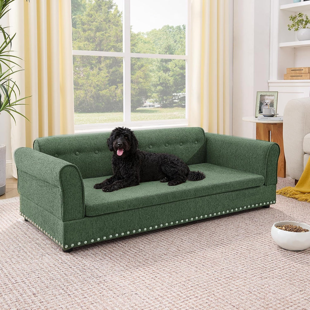 Oversized Pet Sofa, Elegant Modern Linen Fabric Elevated Dog Sofa Bed, Comfortable Rectangular Pet Bed with Backrest