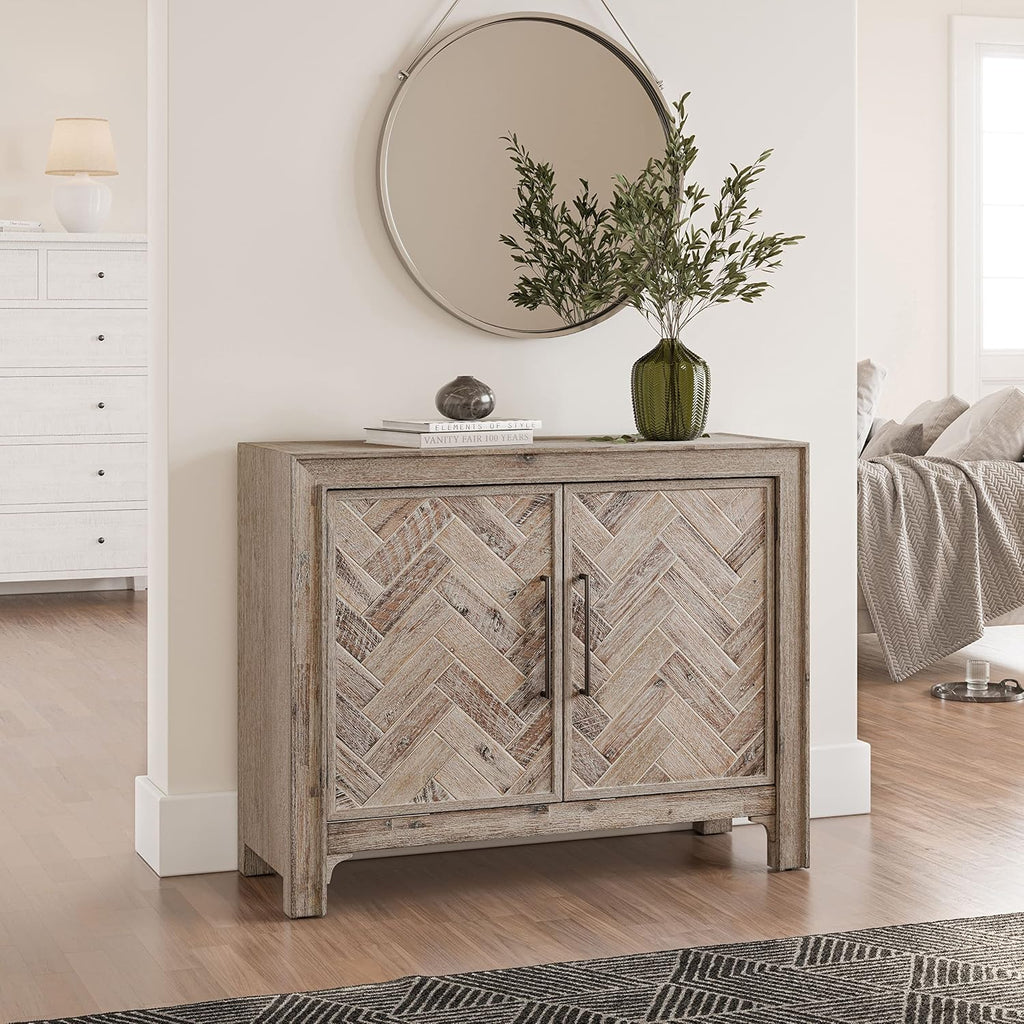 Accent Chest with 2 Doors and 2 Shelves, Acacia Wood Mid-Century Modern Storage Cabinet Bedroom, Grey Wash
