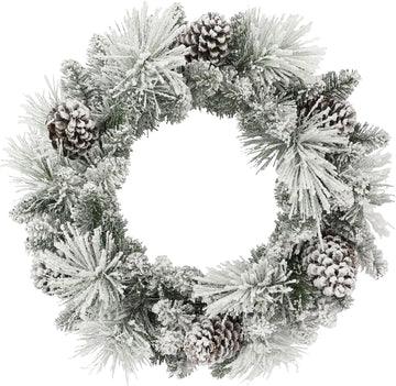 24 in Flocked Berkshire Spruce Wreath, 56 Tips, Pine Cones