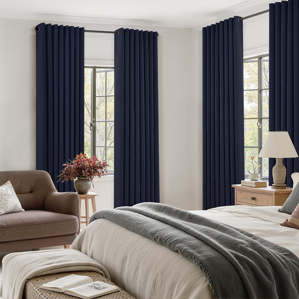 Navy Blue Linen Grommet Blackout Curtains 90 Inch Long