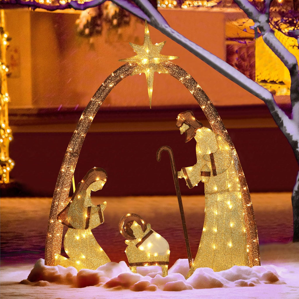5FT Lighted Nativity Scene Set with 170 LED Lights for Christmas Decoration, Pre-Lit Iridescent Nativity Scene Xmas