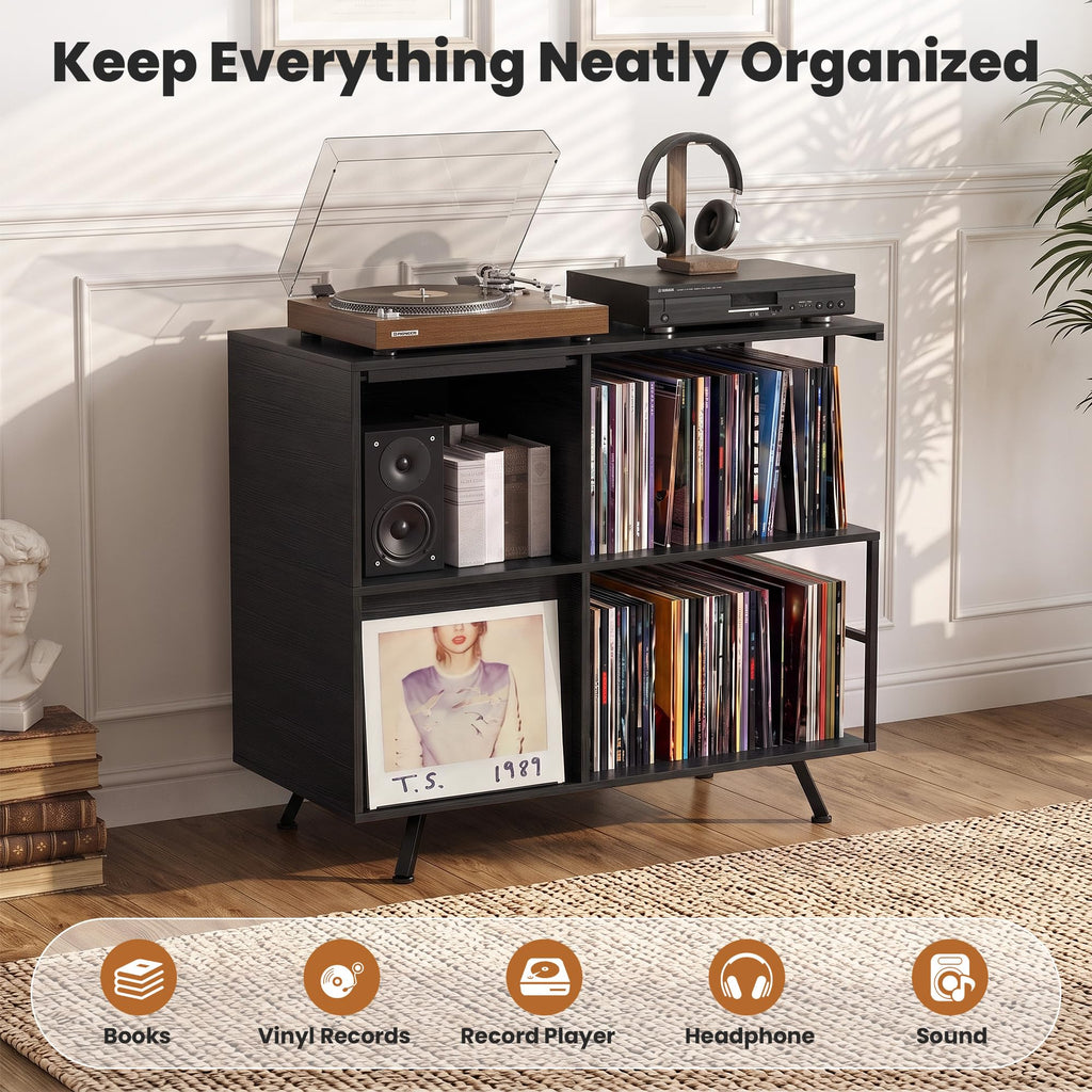 Flip Top Record Player Stand with Vinyl Storage Up to 300 Albums