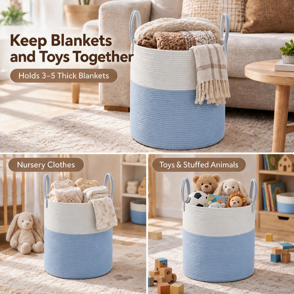 Cotton Rope Laundry Basket Hamper, White & Blue
