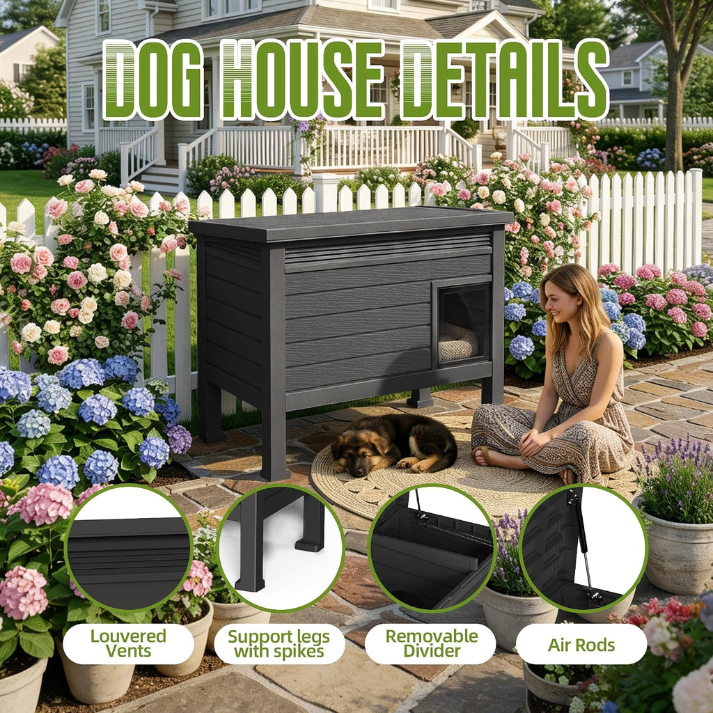 Indoor & Outdoor Resin Dog House with Raised Floor and Easy Assembly - Small Breed Shelter Featuring Louvered Vents