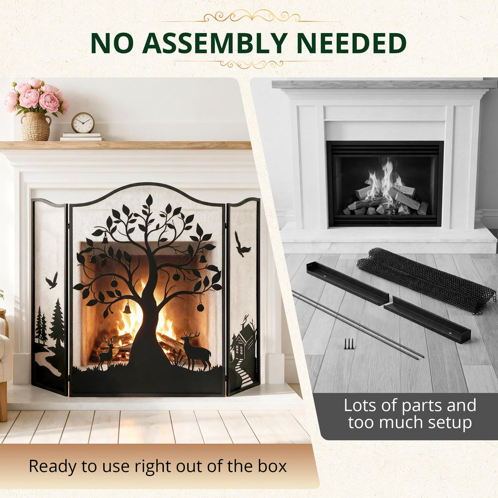 50" x 36" 3-Panel Fireplace Screen, Tree Pattern Fire Guard, Rustic