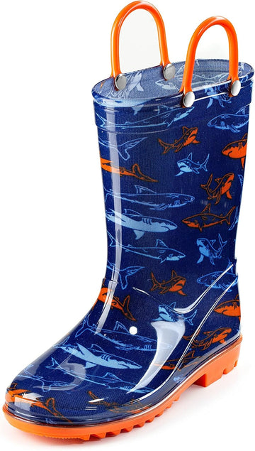 Toddler and Kids Waterproof PVC Rain Boots with Easy-On Handles - Lightweight Slip-Resistant Outdoor Boots for Boys