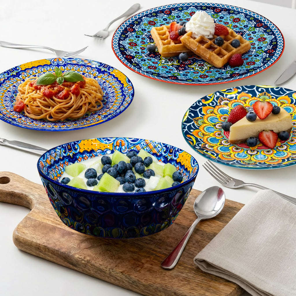 12 Pieces Dinnerware Sets, Ceramic Plates and Bowls Set, Microwave and Dishwasher Safe, Scratch Resistant, Bohemian