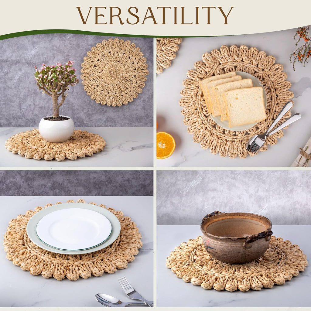 13.8" Corn Husk Woven Round Placemats Set of 6 - Wicker Boho Farmhouse Placemats - Rattan Table Mats for Dining