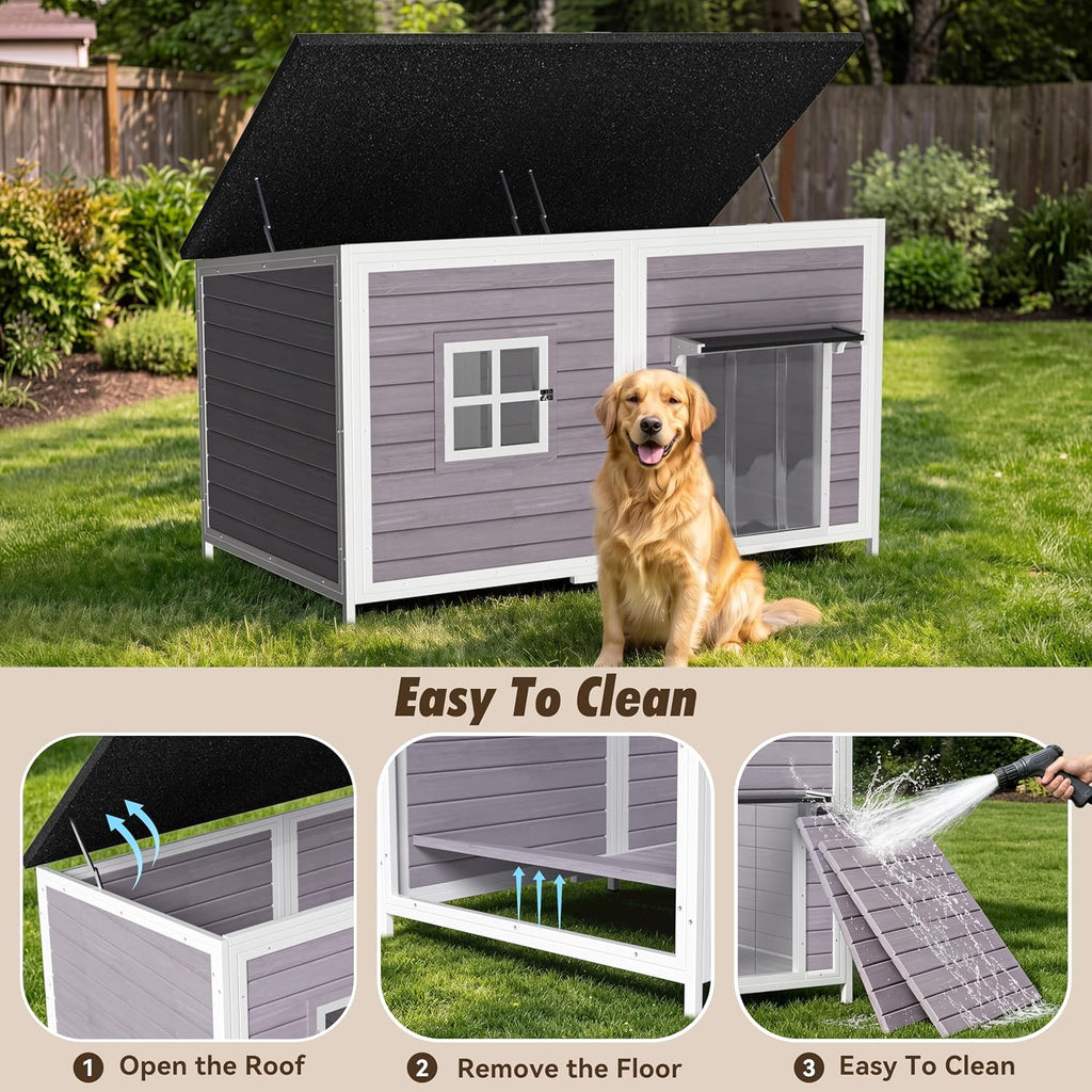 59" Extra Large Outdoor Dog House with Insulated Liner, Grey