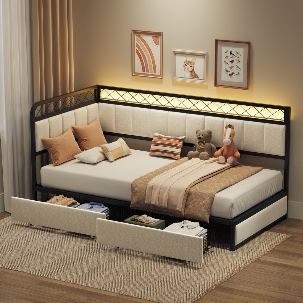 Twin Corner Bed Frame with 2 Storage Drawers, Daybed with LED Lights and Charging Station, Metal Platform Bed Frame