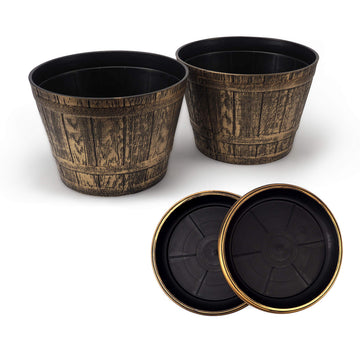 Set of 2 Plastic Whiskey Barrels Rustic Look (2 planters + 2 Matching Saucers) French Country Style Flowerpot Indoor
