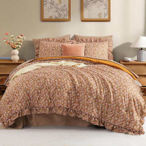Queen Comforter Set - 7 Pieces Ruffle Brown Bedding Sets, Shabby Chic Farmhouse Bed in a Bag with Ruffle Comforter