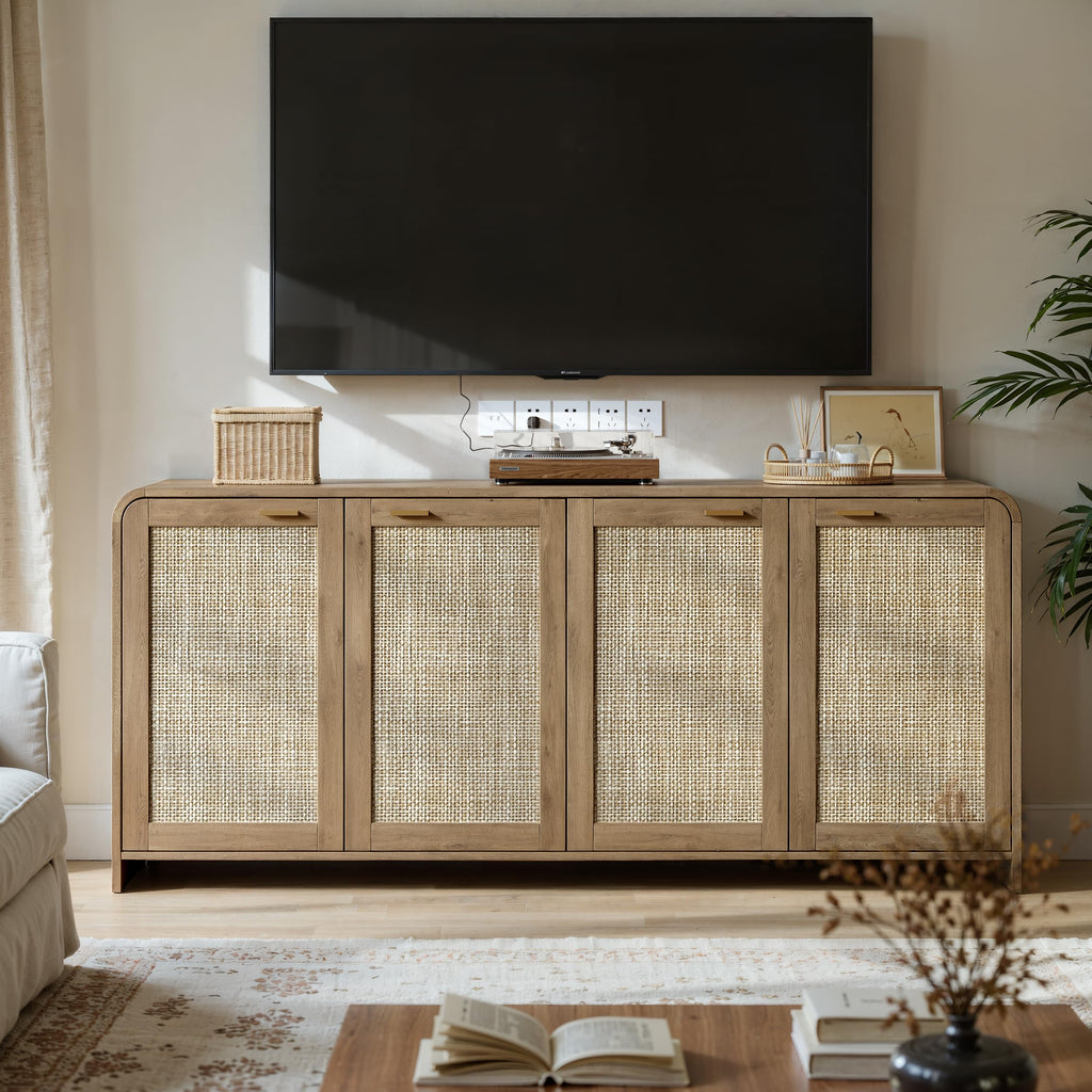 67" Rattan Sideboard Buffet Cabinet with Storage, Caramel Oak