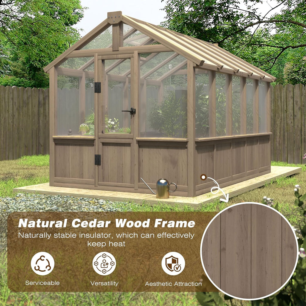 6'x10' Wooden Greenhouse for Outdoor, Heavy Duty Green House Kit with Ventilated Window and Lockable Door, 6mm PC