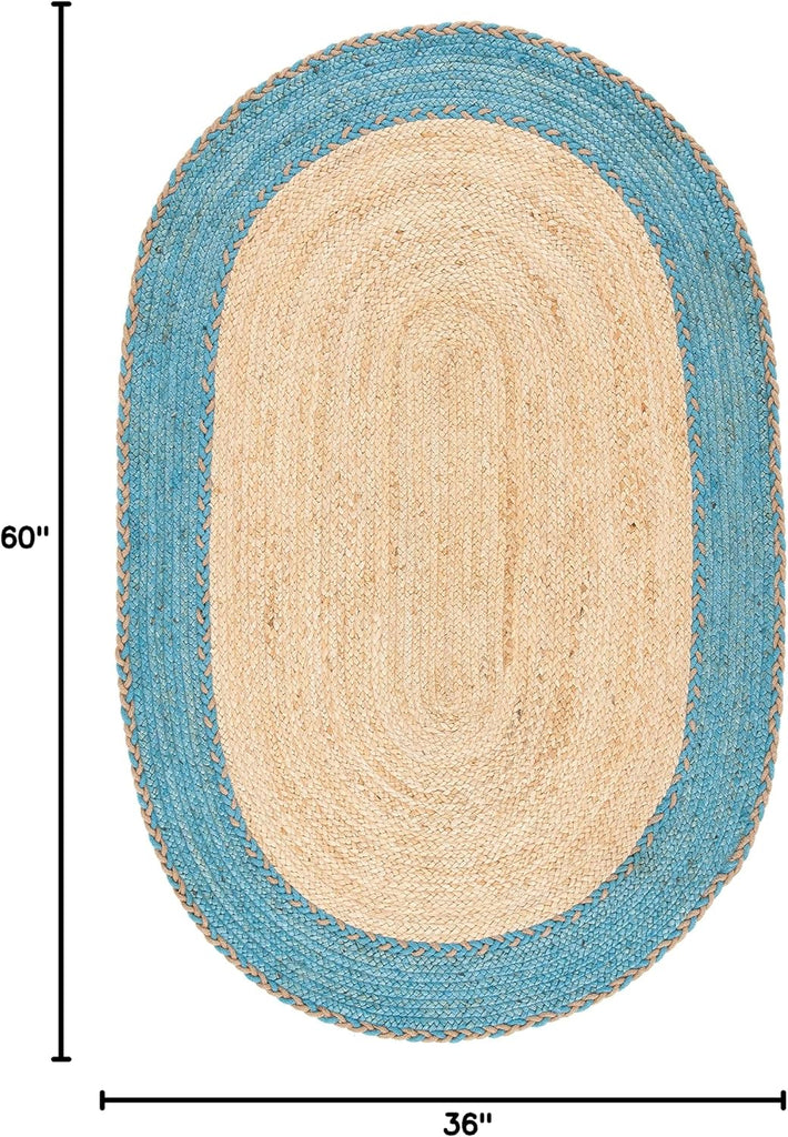 Natural Fiber Collection Area Rug - Oval, Natural & Blue, Handmade Jute, Ideal for High Traffic Areas