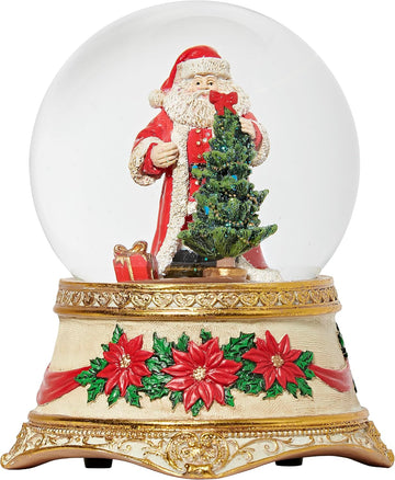 Musical Santa & Tree Glitterdome, 5.75" H, 100MM Water Globe with Poinsettia & Gold Base, Christmas Snow Globe