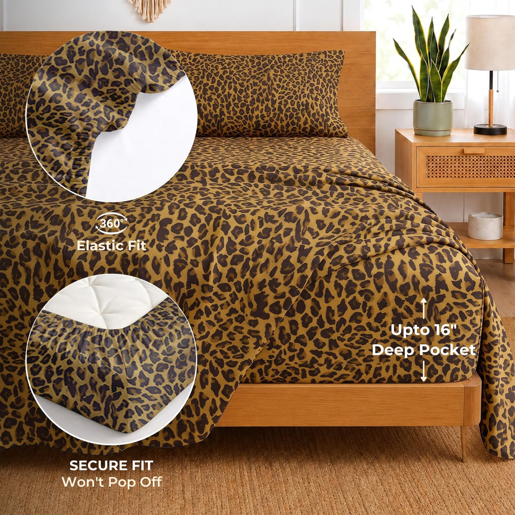 Bed Sheets 4 Piece 600 Thread Count 100% Egyptian Cotton Cheetah Animal Print-Soft Cooling Cotton Luxury Hotel Sheets