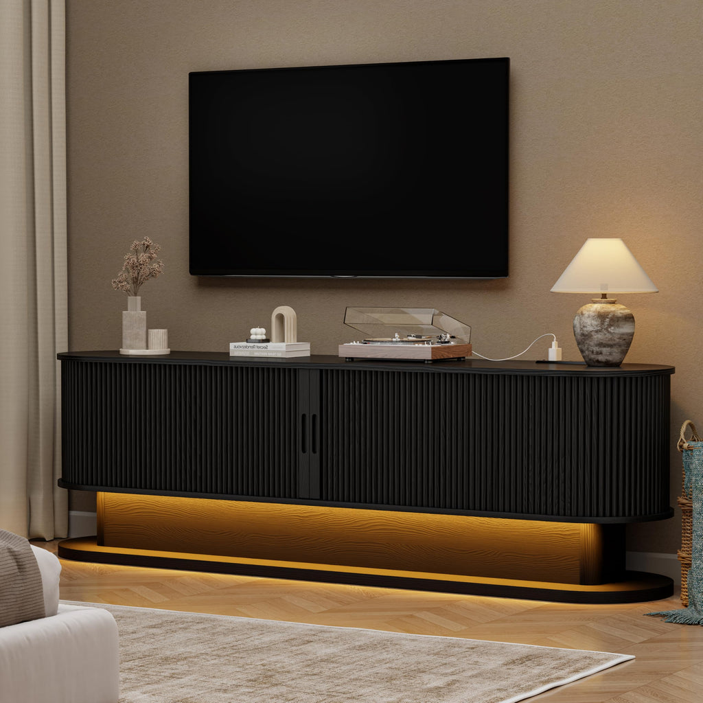 70" Fluted TV Stand with Power Outlet for TVs up to 80", Mid Century Modern TV Console with LED Lights and