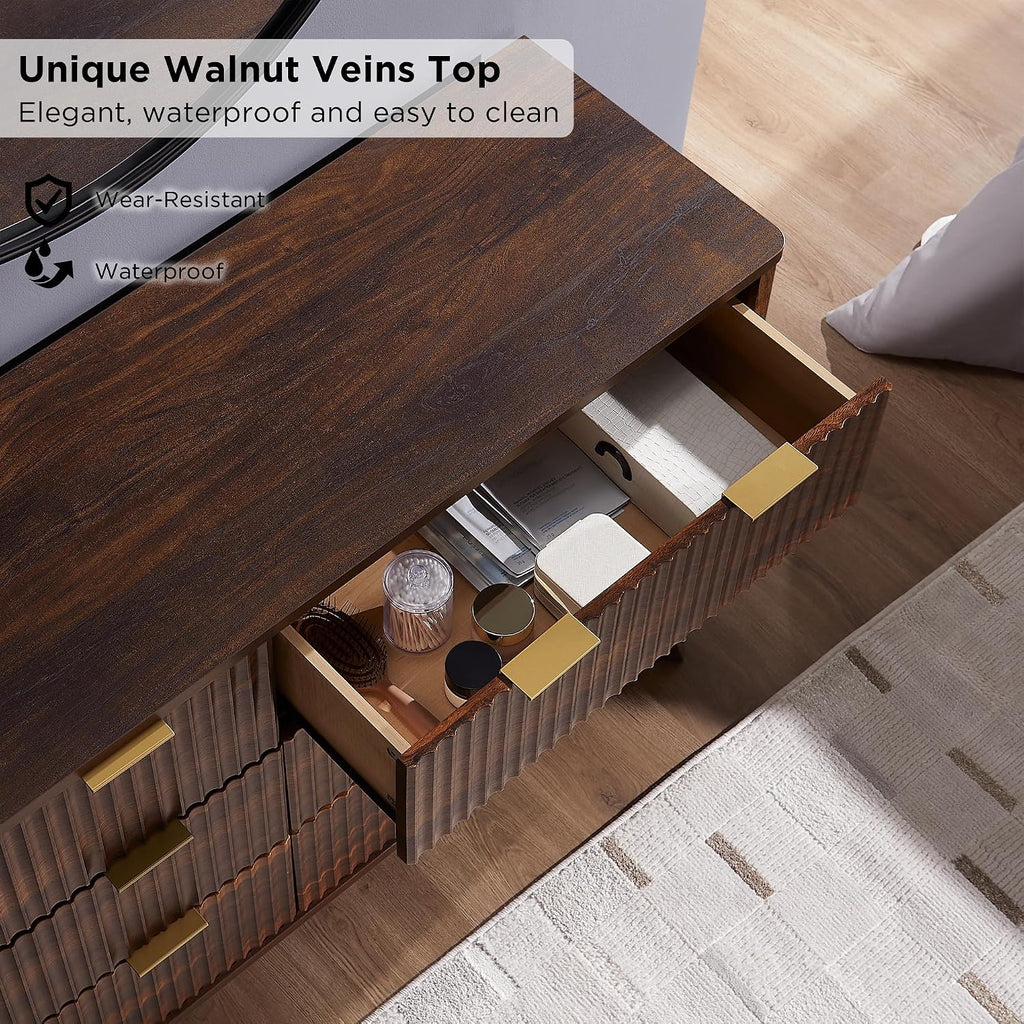 54" Wide Fluted 6 Drawer Dresser , Dark Walnut | Mid Century Modern, Curved Profile, Metal Handles, Anti-tip Kit