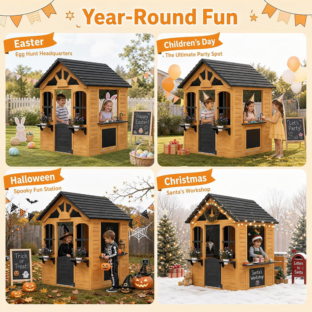 Kids Outdoor Playhouse Wood Play House for Kids Ages 3-8 withPet Door | Backyard Cottage Playhouse with Play