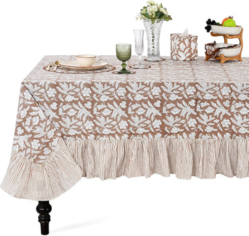 Oak Brown Ruffle Block Print Tablecloth 100% Cotton 60x120 Rectangle Floral Table Cover, Elegant, Vi
