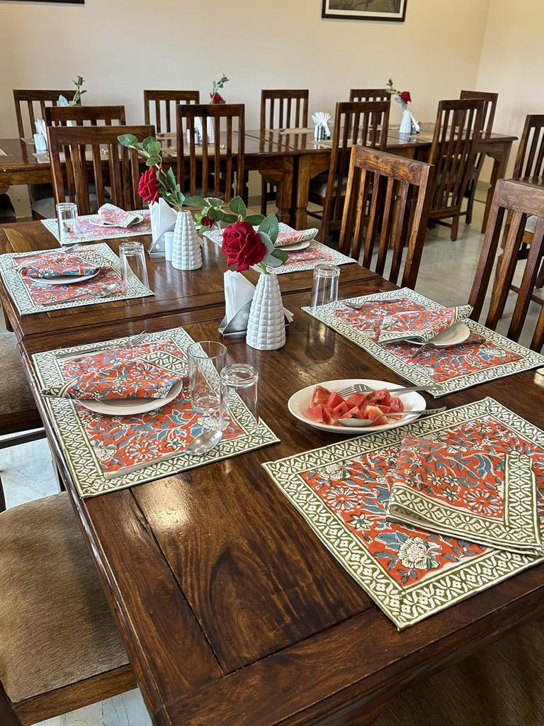Handmade Placemats and Napkins Set - Blue and Green Cloth Table Mats - Thanksgiving Decor & New Mom Gift (Red)