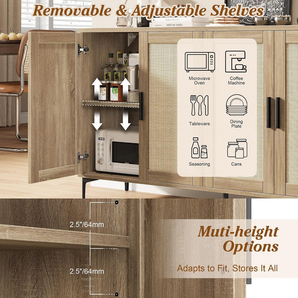 Buffet Cabinet with Storage, 48" Rattan Coffee Bar Cabinet Station | Accent Sideboard with Adjustable Shelves