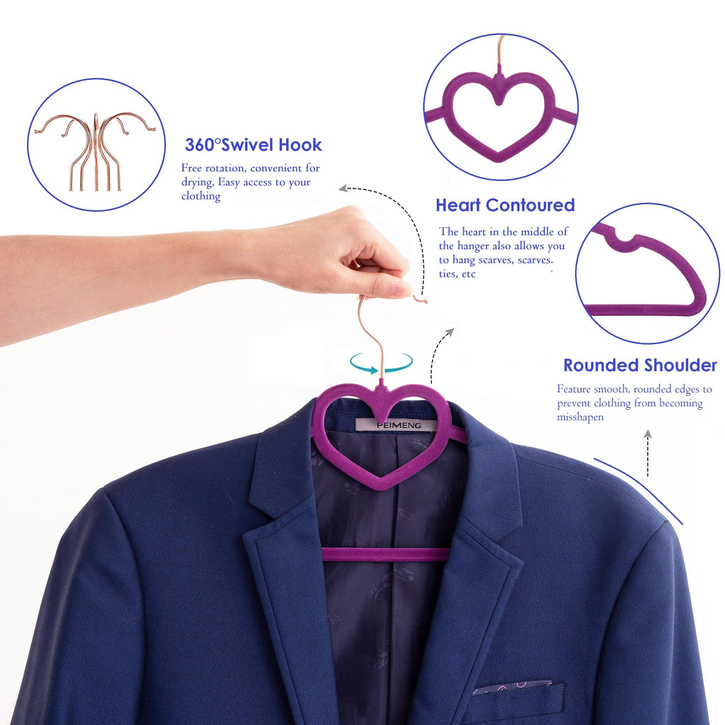 Velvet Hangers 20 Pack, 16" Non Slip Heart Hanger, 360° Swivel Rose Gold Hooks, Durable & Cute Hangers for Adult