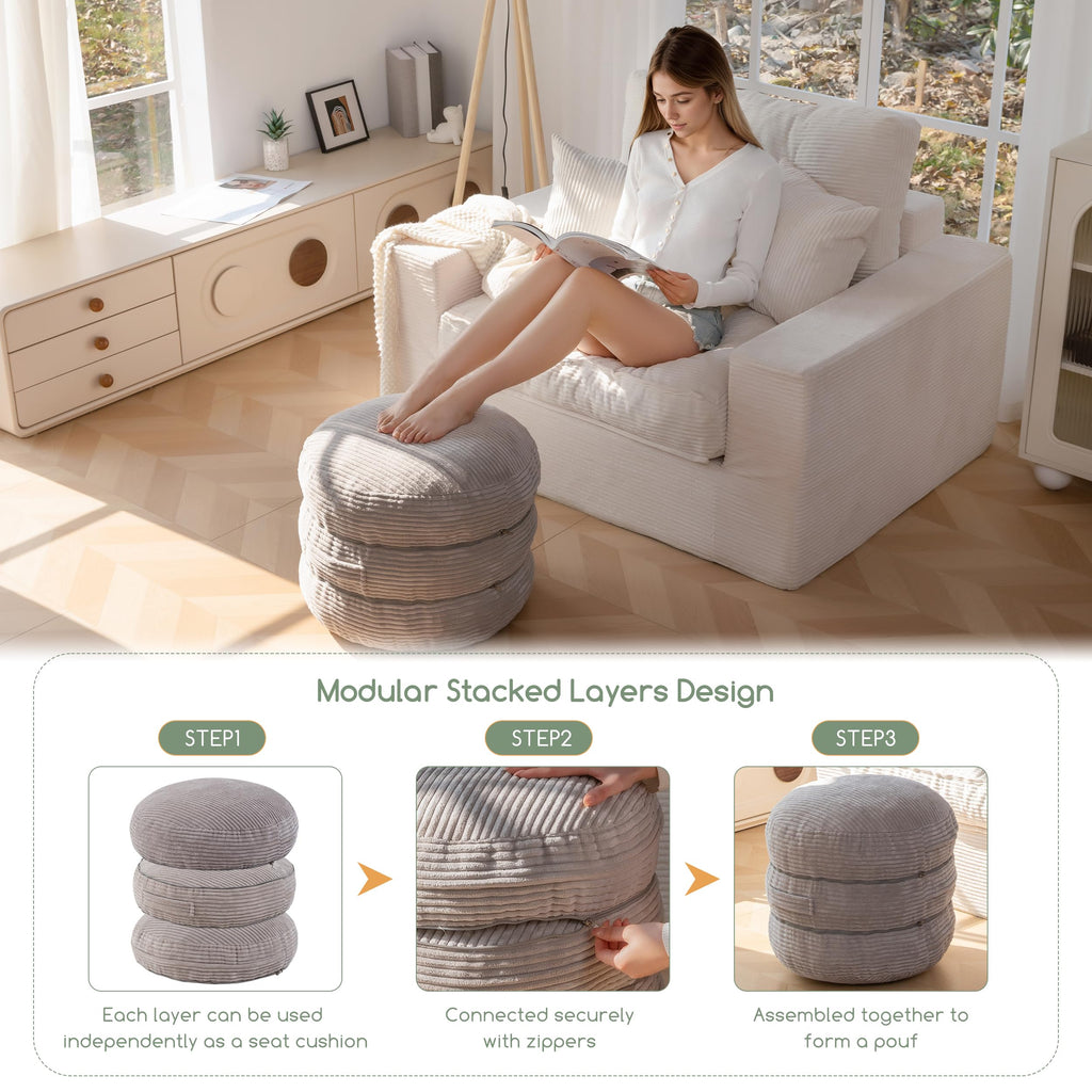 Pouf Ottoman Separate Into 3 Floor Cushions Stuffed Round Modern Foam Filled Foot Rest Poufs 20 X 18 Inches Modular