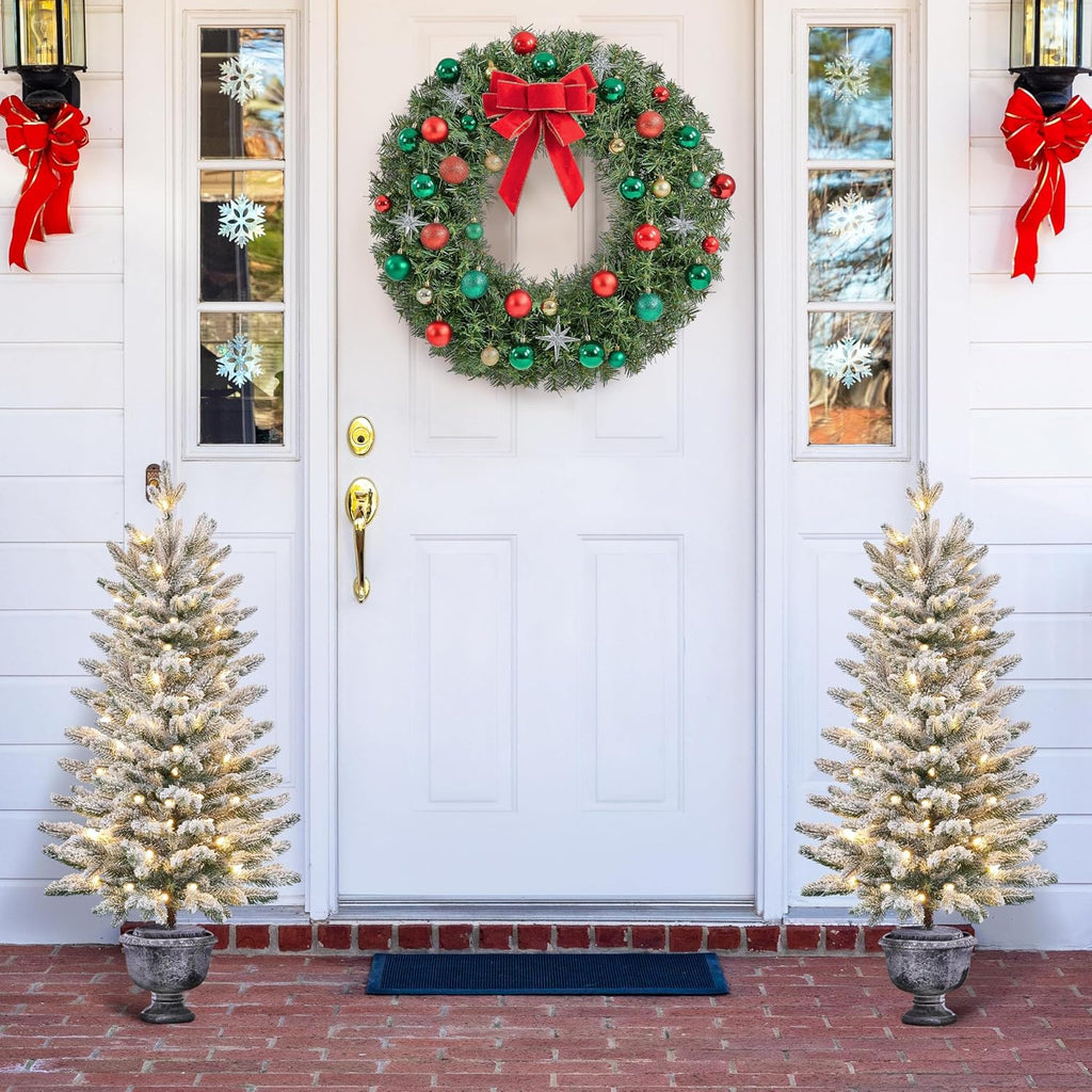 2Pcs Pre-lit Potted Flocked Christmas Tree for Holiday Decoration