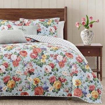 Floral Quilt Set Queen, 3 Piece Reversible Lightweight Soft Bedspread Coverlet, Garden Farmhouse Botanical Diamond