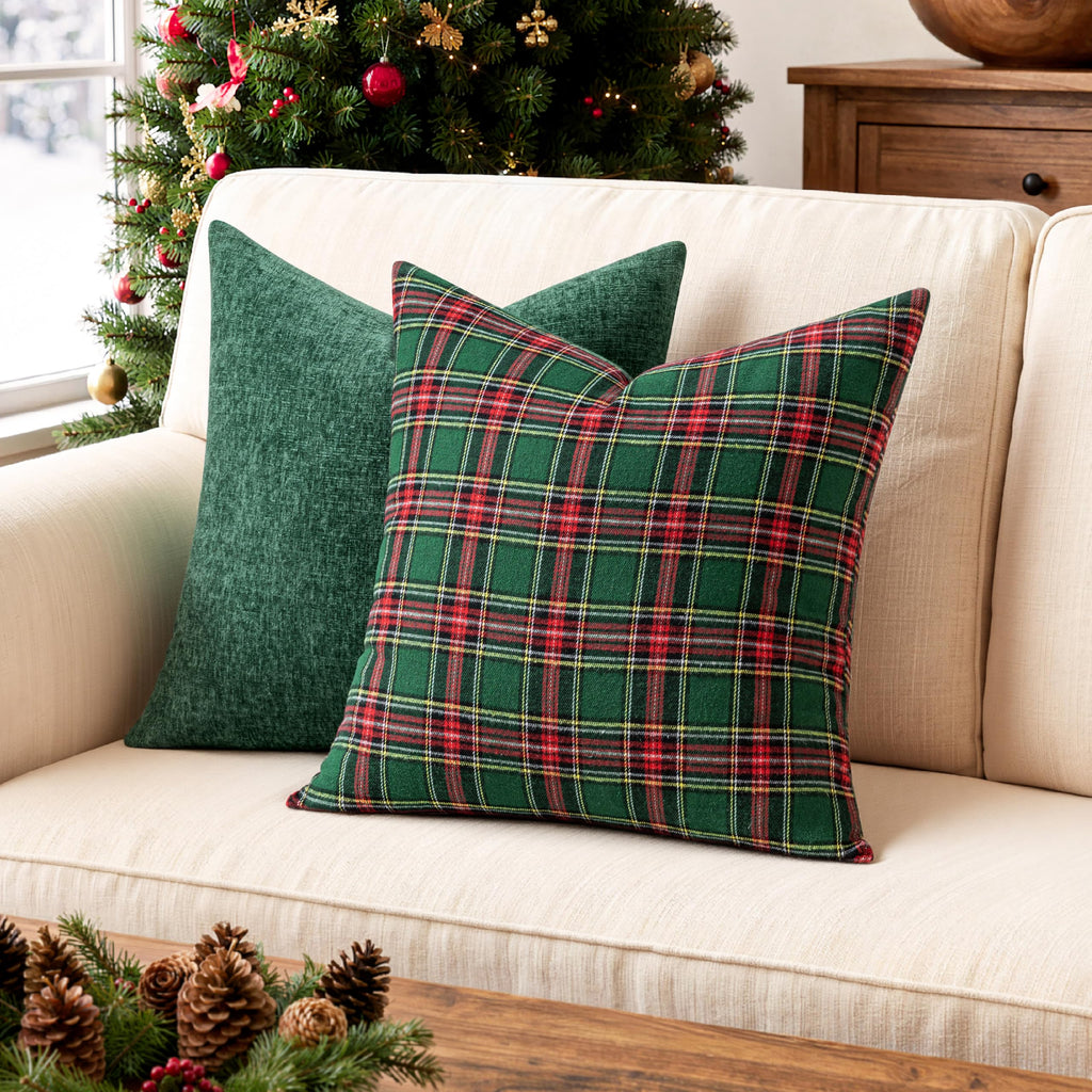 Christmas Scottish Plaid Throw Pillow Covers 20x20 Red Green