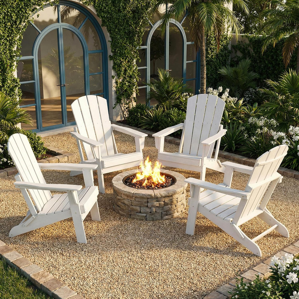 Lightweight Folding Adirondack Chair Set of 4, HDPE, White | Portable HDPE Patio Chair - 350lbs,Durable All-Weather
