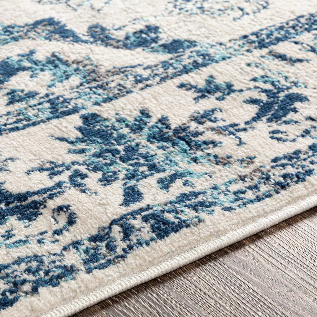 Area Rugs - Delney Vintage Boho Blue Rug Bedroom - Beige Gray Floral Medallion Stain Resistant Carpet (5'3" x