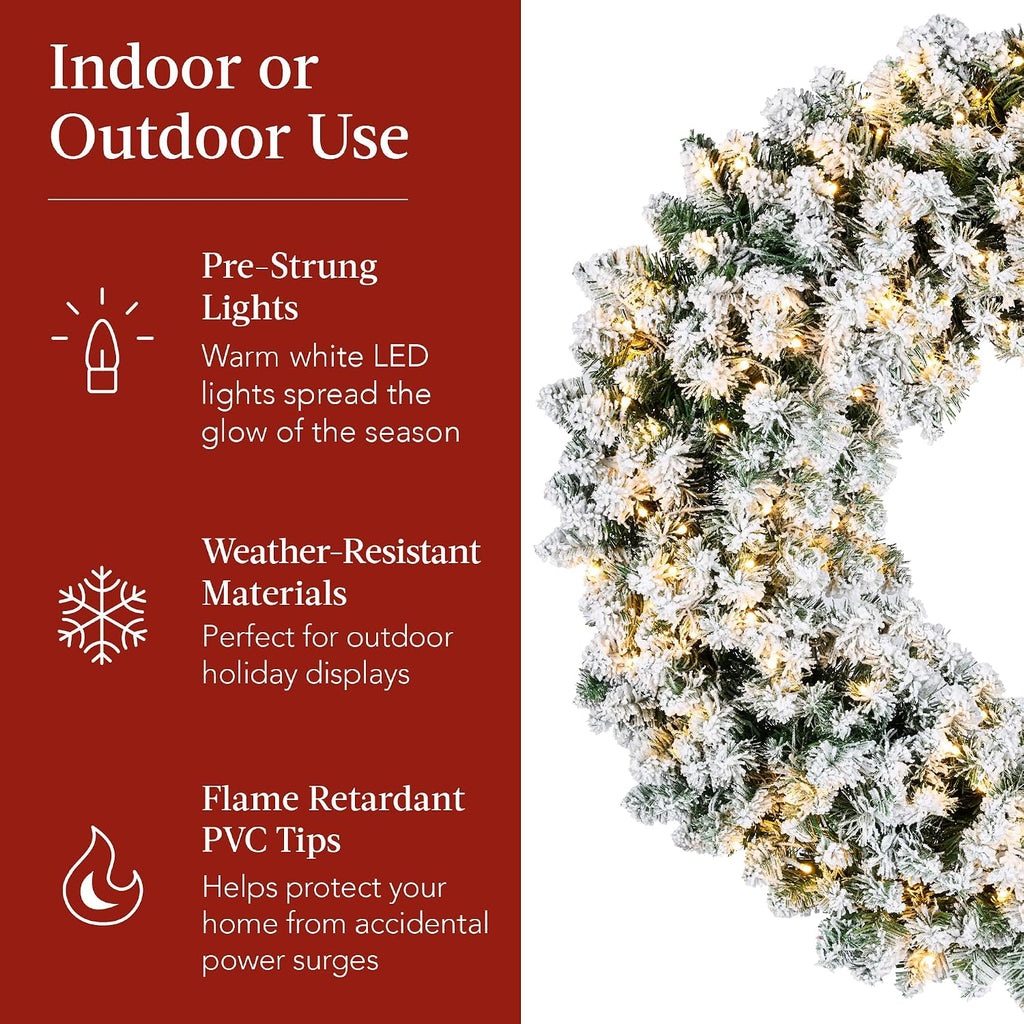 36in Large Flocked Artificial Pre-Lit Fir Christmas Wreath Holiday Accent Decoration for Door, Mantel w/Red Lighted